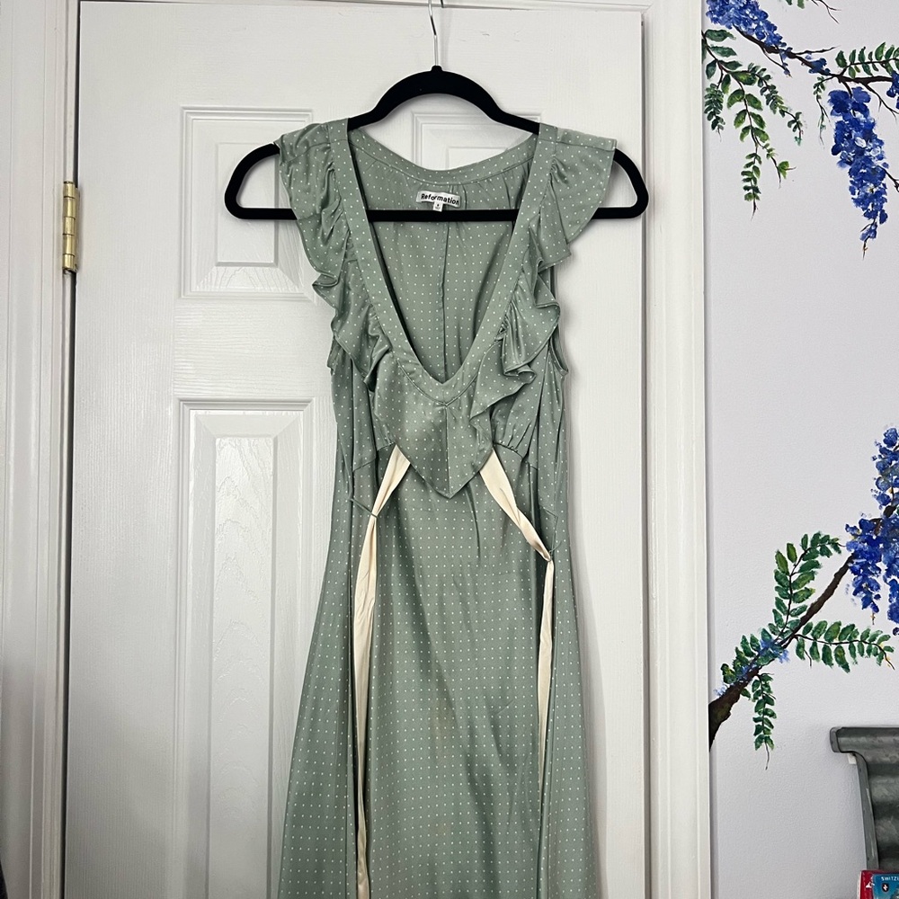 Reformation Sage Green Ruffle Midi Dress